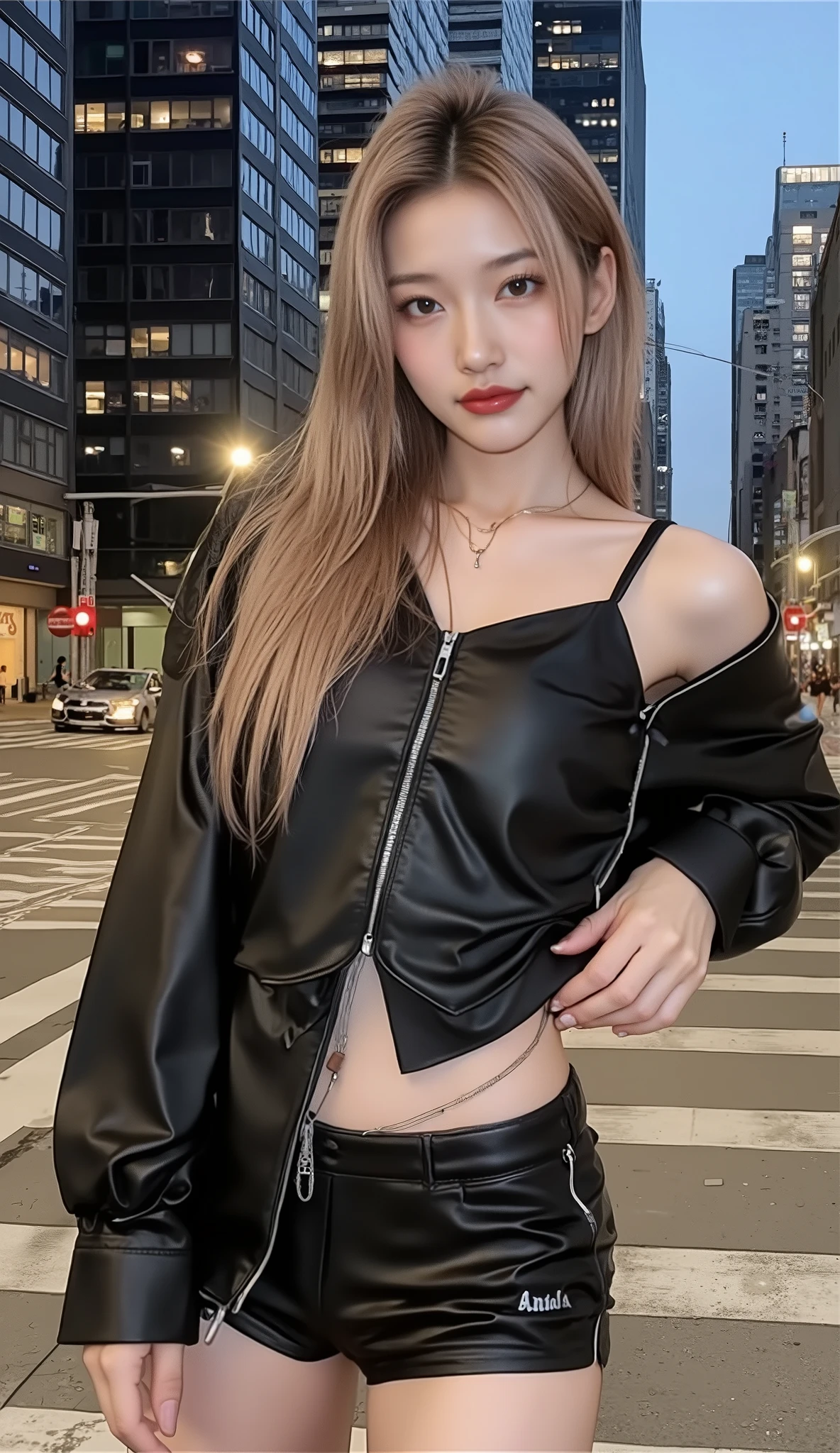 ((depicts a young Korean pop idol girl。),(full body shot with mahiru),((Manhattan skyscraper district in New York)),(walk),((Prada mini dress)),(smile),(beautiful Korean idol makeup,beautiful lips,dark eyeshadow,long lashes),shiny skin staring at the camera, Show view , beautiful hair, Pure Eyes , (attractive design of each hair,beautiful hair with point colors),(8k, Highest Quality , masterpiece:1.2, very detailed on trends),( is anatomically correct, Ultra Detailed Skin ,Refers to 5 books )
