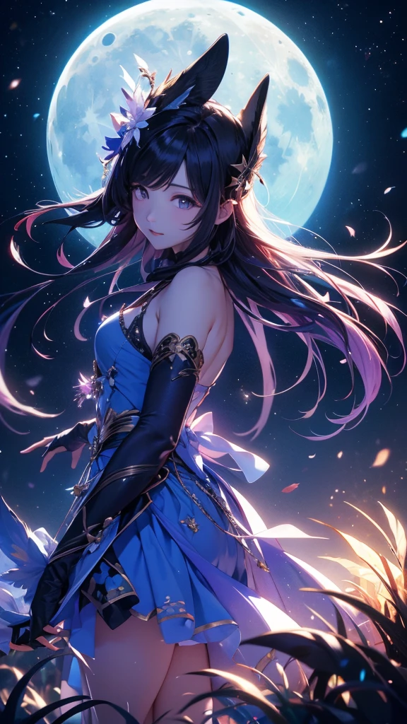 LANDSCAPE PHOTO (SEEN FROM BELOW, SKY ABOVE, FIELD BELOW), GIRL STANDING IN FLOWER GARDEN LOOKS UP (FULL MOON: 1.2), (METEOR: 0.9), (NEBULA: 1.3), DISTANT MOUNTAINS, TREES BREAK CRAFTING ART, (WARM LIGHT: 1.2), (FIREFLY: 1.2), LIGHTS, LOTS OF PURPLE AND ORANGE, INTRICATE DETAILS, VOLUMETRIC LIGHTING BREAK (MASTERPIECE: 1.2), ( Best Quality), 4K, Ultra Detailed, (Dynamic Composition: 1.4), Rich in Detail and Color, (Iridescent: 1.2), (Glow, Atmospheric Lighting), Dreamy, Magical, (Solo: 1.2)