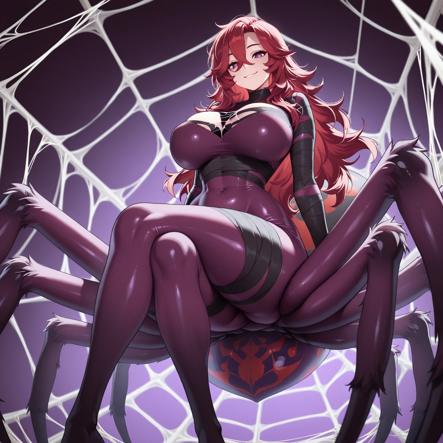 4k,hight resolution,One Woman,bright pink hair,short ponytail,large boob,arachne,A queen,Gorgeous dresses in pink color,inside a cave,spider webs