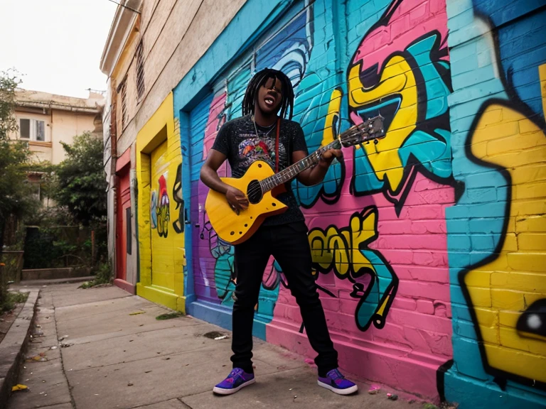 Rapper man who raps on the guitar, fatter, bearded, with his right arm all tattooed, no face tattoos, red cap, green camouflage pants, brown boot-like sneakers, Golden chain, Gold chain, white wristwatch with a serious face, in a graffiti street scene in the shape of a drawing