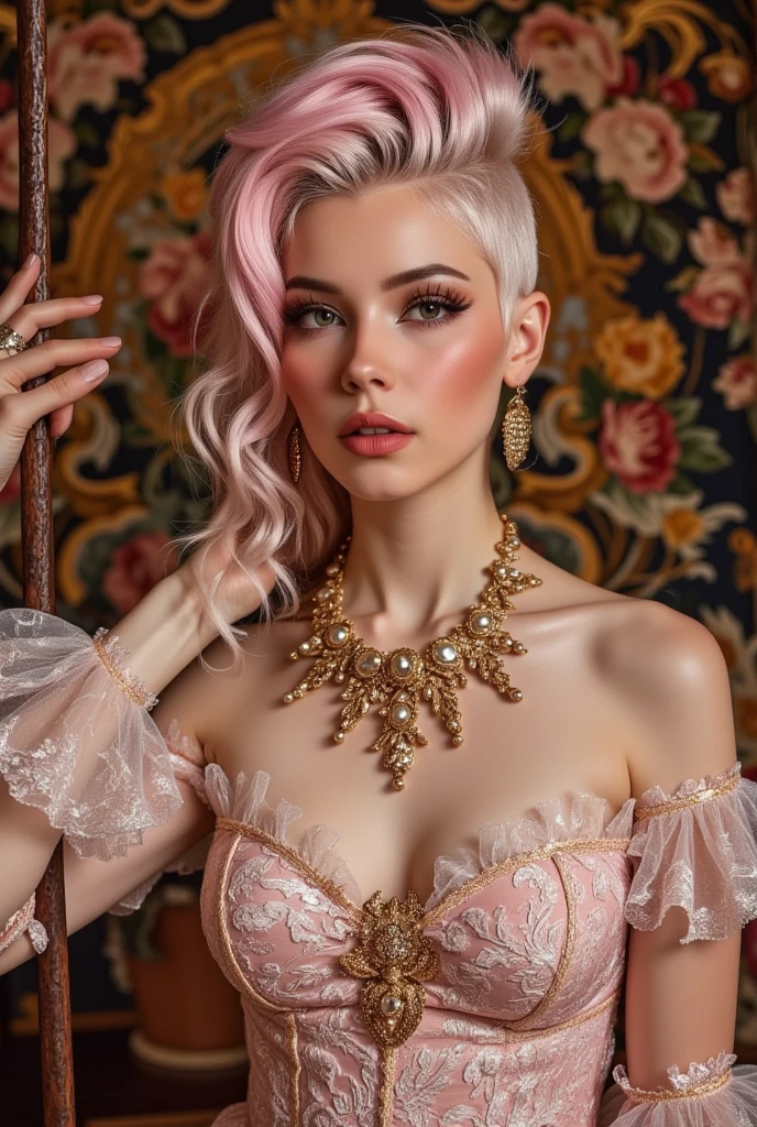 exquisite short pink hair and piercing eyes, (best quality,3D rendering,high-res:1.2), (intricate, detailed, elaborate), (decorative, ornate) cinematic lighting, (realistic, dramatic, atmospheric:1.37), (vibrant, vivid) colors
