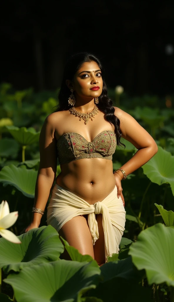 Indian actress, Indian mythological queen, 1 woman, curvy , fleshy navel, indian queen, bathing in a lake, various flowers beside the lake, lotus flower, ancient queen, magical forest background, bandeau crop top, ancient costumes, mythological apparel, historical clothing, epic details, skin details, photo realistic, High quality, high details, ancient undergarments, bathing garments, 40 years old, beautiful woman, hyper realistic,
