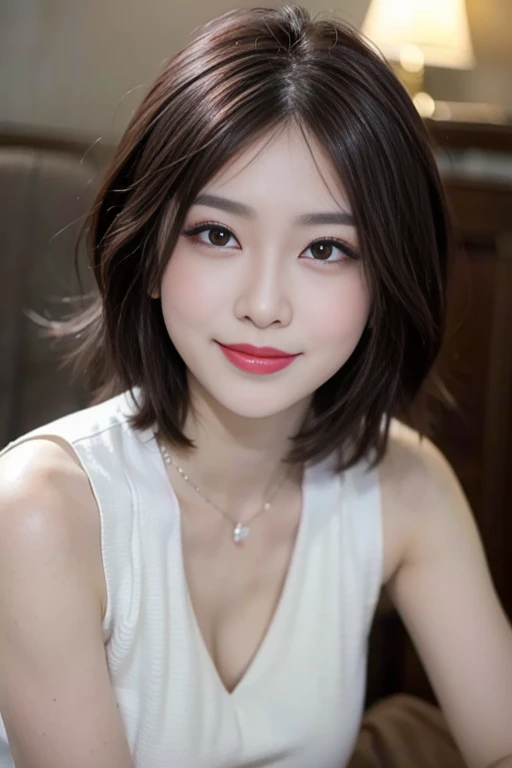 blush a little and smile, (Top quality masterpiece:1.2) Delicate illustrations, Very detailed, /Beautiful Japanese Women、1 person,Very cute and slim、Great style 、((8k images、super high quality))、Very delicate face, Skin and Hair、Big Breasts、beautifule forehead、Red lipstick、(((((short hair、Light brown hair、lure))))),Very cute Japanese cut face、Eyes and nose are clearly visible、Kind eyes,((((White sleeveless fashion))))