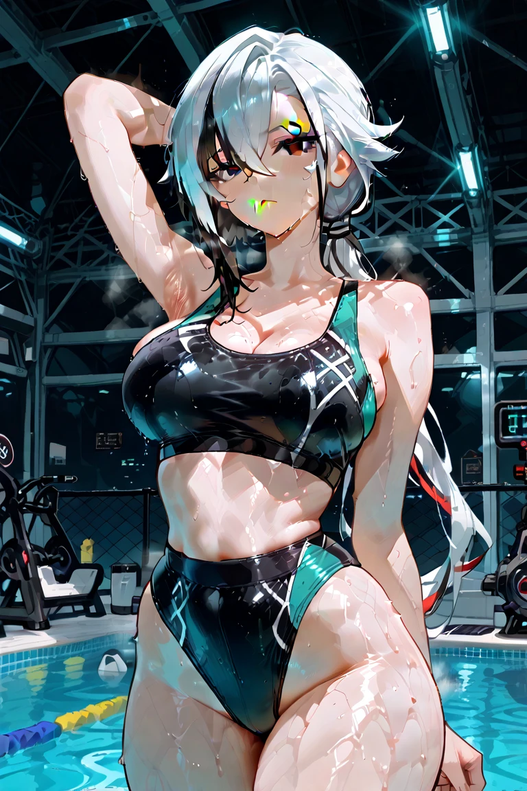 ((2D Beautiful Girl、highest quality、Perfect Finger 1.3、Perfect Anatomy 1.3、Very delicate and beautiful illustration))、pretty girl、(Conversion Sequence)、((Swimwear))、14 years、Slender beautiful girl、Fractal Art、Baby Face、((Straight Long Hair))、Big droopy eyes、Laughter、Full-body display、（1 person）、Long sleeve、School swimming pool、Are standing、