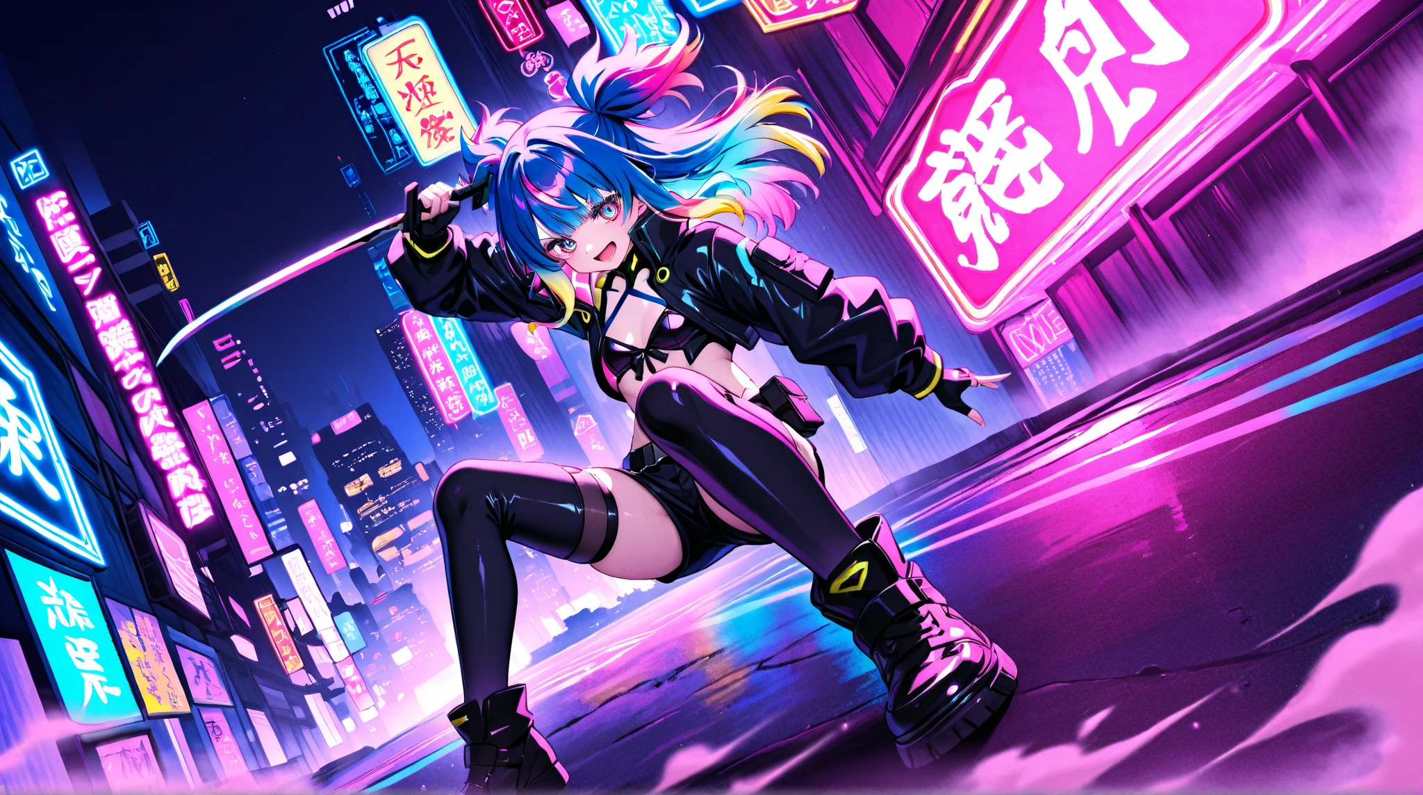 A cyberpunk warrior woman in a sleek, black leather mini skirt with neon-blue and pink tights displaying circuit board designs. The cityscape behind her is illuminated with neon lights. Tags: best quality, ultra-detailed, neon lighting, futuristic, vibrant colors, cyberpunk aesthetic.