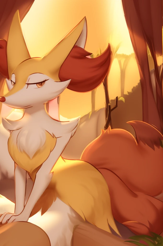 Horny Male Braixen with penis and green eyes in a forest, humping a rock, ejaculating, moaning