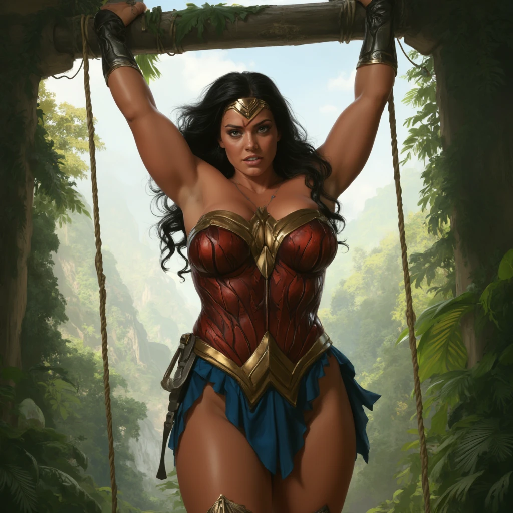 ((corpo inteiro, bottom view)), ((she's in a forest)), (WONDER WOMAN IS WEARING A RING GAG HEAD HARNESS), (She's wearing stiletto high heels), ((SUPERHEROINE Wonder Woman on tiptoe, standingn)), ((cadela, vagabunda, prostituta, vadia)) She's sweaty all over her body. (She's crying a lot), ((ela tem cabelo preto, ela tem cabelo longo)), ((Wearing a thick metal necklace around the neck)), (Your clothes are immoral, your clothes are indecent), (obra-prima, melhor qualidade) 1.5, 1girl, sozinho, (sexy, mulher bonita, rosto perfeito, olhos perfeitos), , corpo inteiro. ((She's immobilized and tied up)). (((She's running in the mud., She's wearing lacy white panties, ela chora muito, Tears stream from her face))), (((Shibari))), (((rope bondage))), (((arms behind back))), (((Totalmente amarrado))), (((Fortemente contido com cordas))))