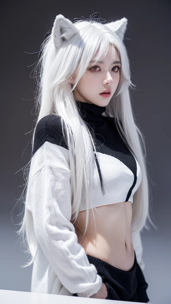 (Masterpiece, Photorealistic, High Resolution), ((1girl):1.2), Korean, ((white wavy hair):1.3), (Heterochromia eyes:1.1, Thick eyebrows, small mole below eye), (white open hoodie, black gym shorts), ((medium breast):1.2, small waist, large thighs), sitting on bed