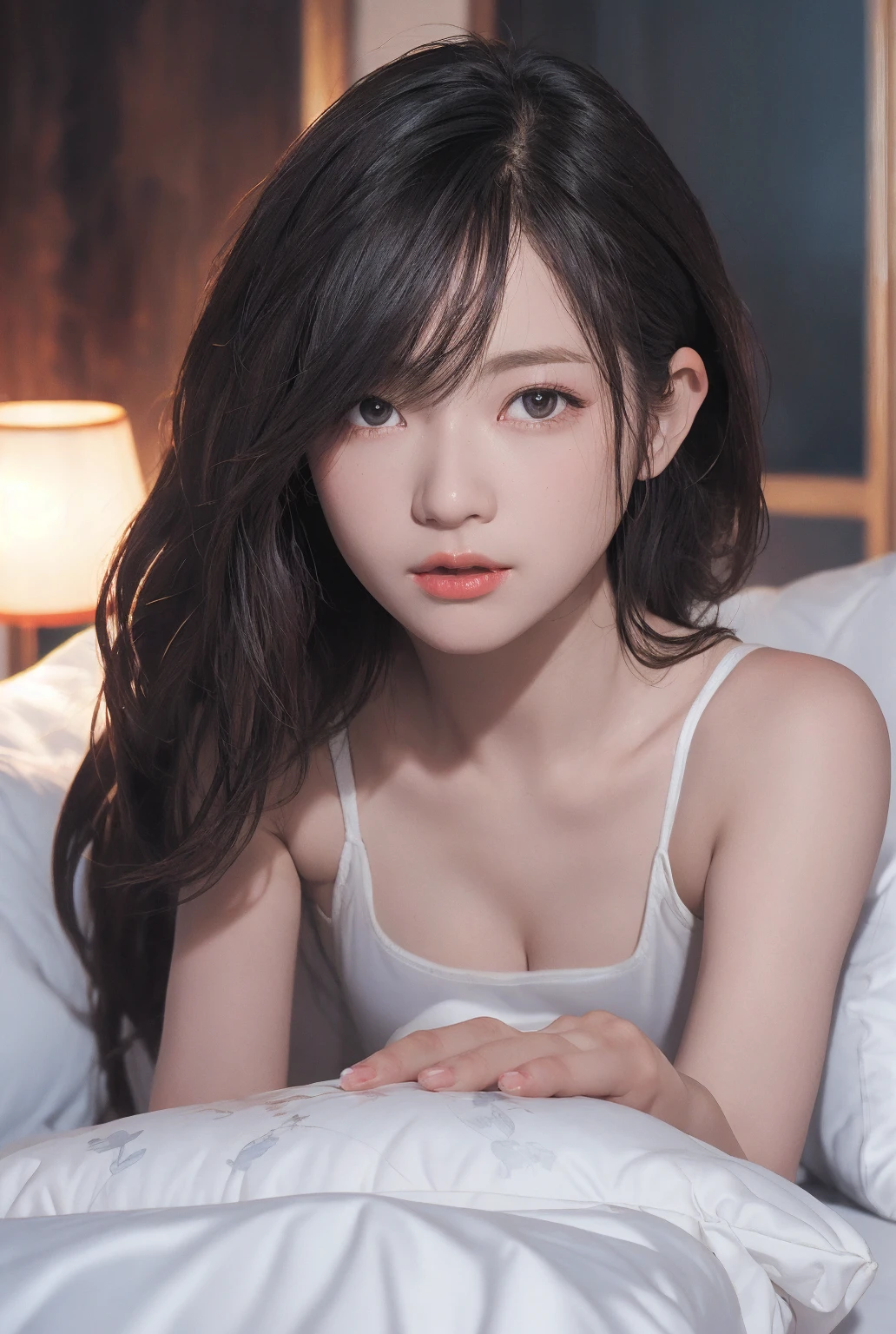 (Photorealistic),(High resolution close up), girl portrait, Ultra detailed skin, centered subject with simply dark background,  deepshadow, award - winning photo,、flat breast、tiny chest、small tits、(Small bust:1.2)、Small bust、 (Very small、Flat、small tit)、Soft belly、white  panties、White see-through camisole、Straight bob hair、short-hair、The face is always in the picture