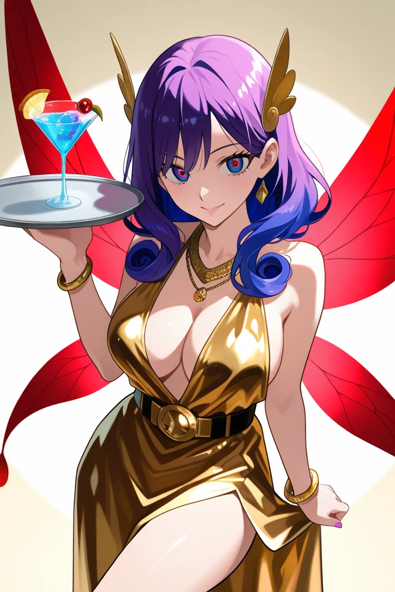 (masterpiece,best quality,ultra-delicate,Perfect Face,16k,high resolution,very beautiful woman), Atsugessho:1.3,deep green hair,blue latex bodycon dress, long latex gloves, green tights, (huge breasts), gold headpiece, pale blue skin, red gem on forehead, pink mist, ((cosmetics counter)), holding large red ball on rope, necklace, smirk, (extremely glossy)