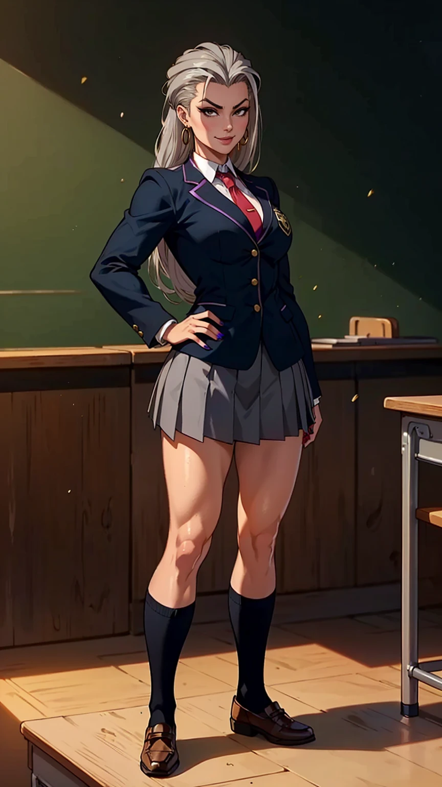 ((1girl, solo ,alone, ((sindel, black eyes, mortal kombat, gray hair, gray highlighted hair, slicked back hair, long hair)), painted nails, gold earrings, ruby earrings)), ((solo, 1woman, smug, Extremely detailed, ambient soft lighting, 4k, perfect eyes, a perfect face, perfect lighting, a 1girl)), austere, ((fitness, , shapely body, athletic body, toned body)),  (((Cute High School Girl, full body, gyaru, gal schoolgirl, smug, classroom, class room, school uniform, blazer,  skirt)))