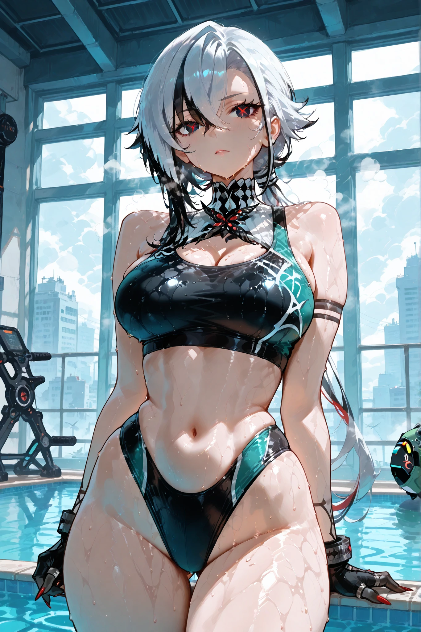 1 girl, high quality, (short hair), forehead, (medium breast), (straps on thighs:1.3), white background, plants, (stocking), (sweaty:1.1), (nipples:0.8), thick thighs, (middle Ages:1.2), (cameltoe:1.1), suit, stomach, (cyborg:1.2), (armor), white hair, hair band