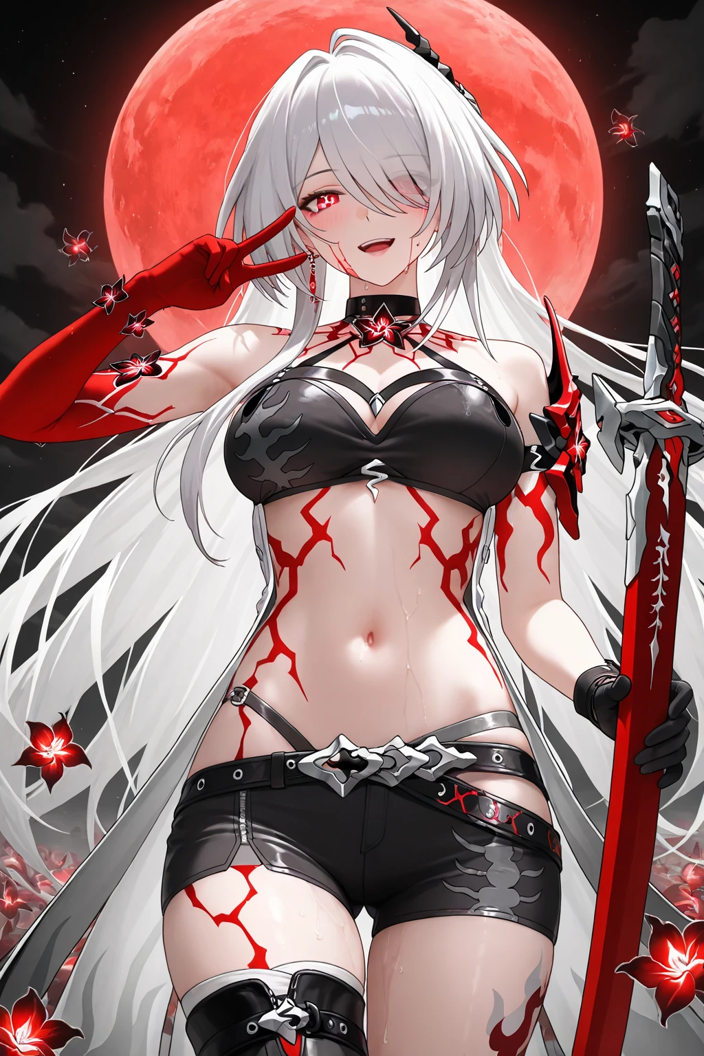 (masterpiece, Highest quality, Highest quality, Official Art, beautifully、aesthetic:1.2),(8k, Highest quality, masterpiece:1.2), (((masterpiece))),(((Highest quality))),(((extremely detailed))),illustratiのsuperior,Who, (masterpiece, Highest quality, Highest quality, Official Art, beautifully、aesthetic:1.2),(8k, Highest quality, masterpiece:1.2), detailed, (masterpiece:1.2), (青whiteい_skin:1.2), (alone:1.2), (woman), thin, (Shine_eye), red_eye, shorts, lのsuperiorg_hair, Glovess, flower, belly button, white_hair, armpits, Spider_Yuri, black_Glovess, short_shorts, tattoo, black_shorts, Broke up_lips, Lie in, single_Gloves, のsuperior_return, eye_appear_Through_hair, Stomach, red_flower, 前hair, belt, arm_superior, abdomen, asymmetrical_Glovess, cowboy_shot, independent_sleeve, just_shoulder, red_Glovess