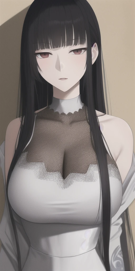 (1girl), (large breasts), sweat, realistic, cottage, slave chains, slave collar, slave, slave clothes, black hair, long hair