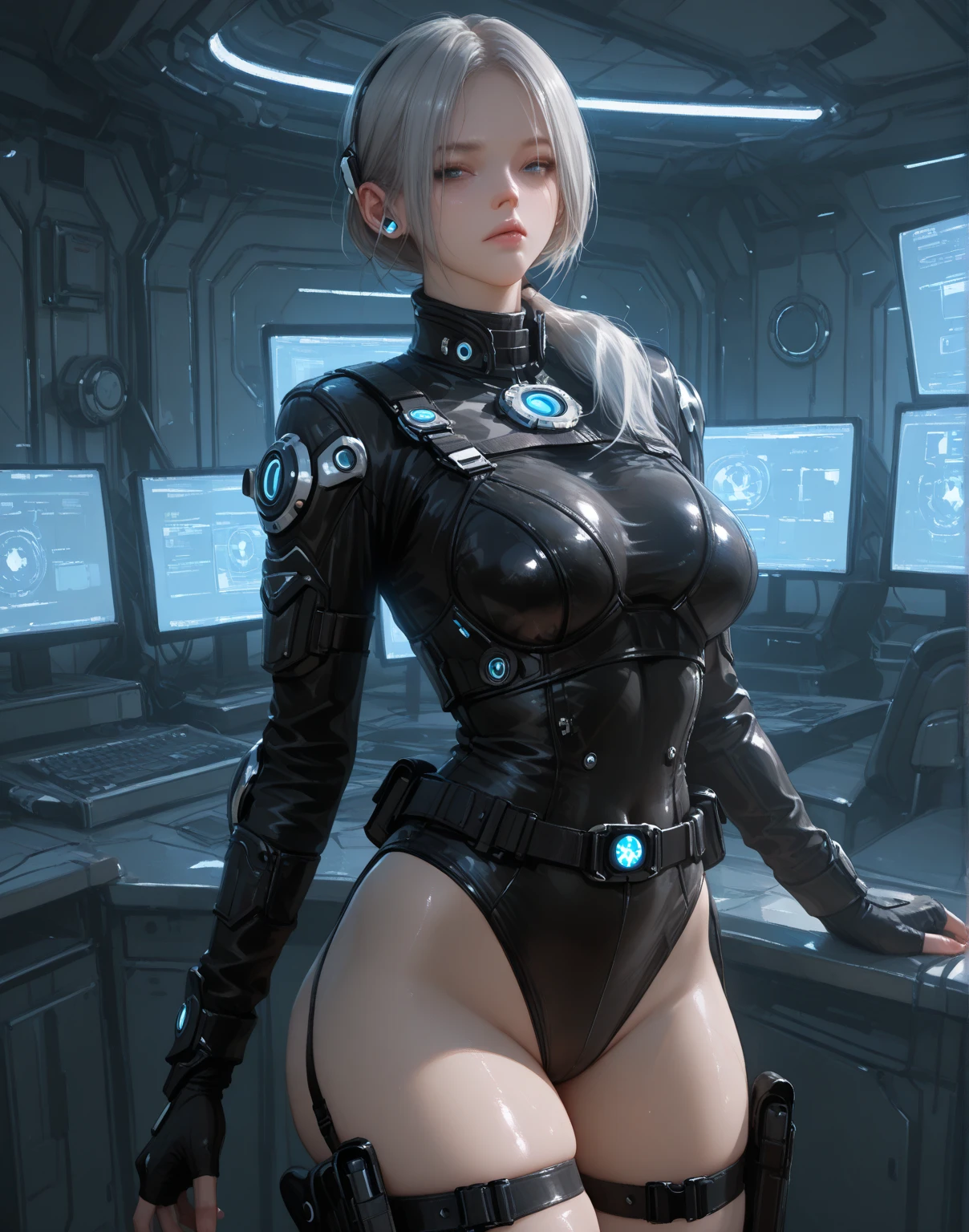 His eyes are bright and futuristic, with a cybernetic glow to them, on his chest, just above his heart, is a small icon representing a gear, symbolizing the "machene" in "Stupid Machene".This gear is menimalistand in silver tones .The typography "Stupid Machene" is written below the figure in a modern, stylized, The text has a cybernetic tone that matches the figure, and the letters have a futuristic look, it has bare breasts, nudity on the breasts, bare breasts , visible nipples, topless, natural breasts, Frontal shot.