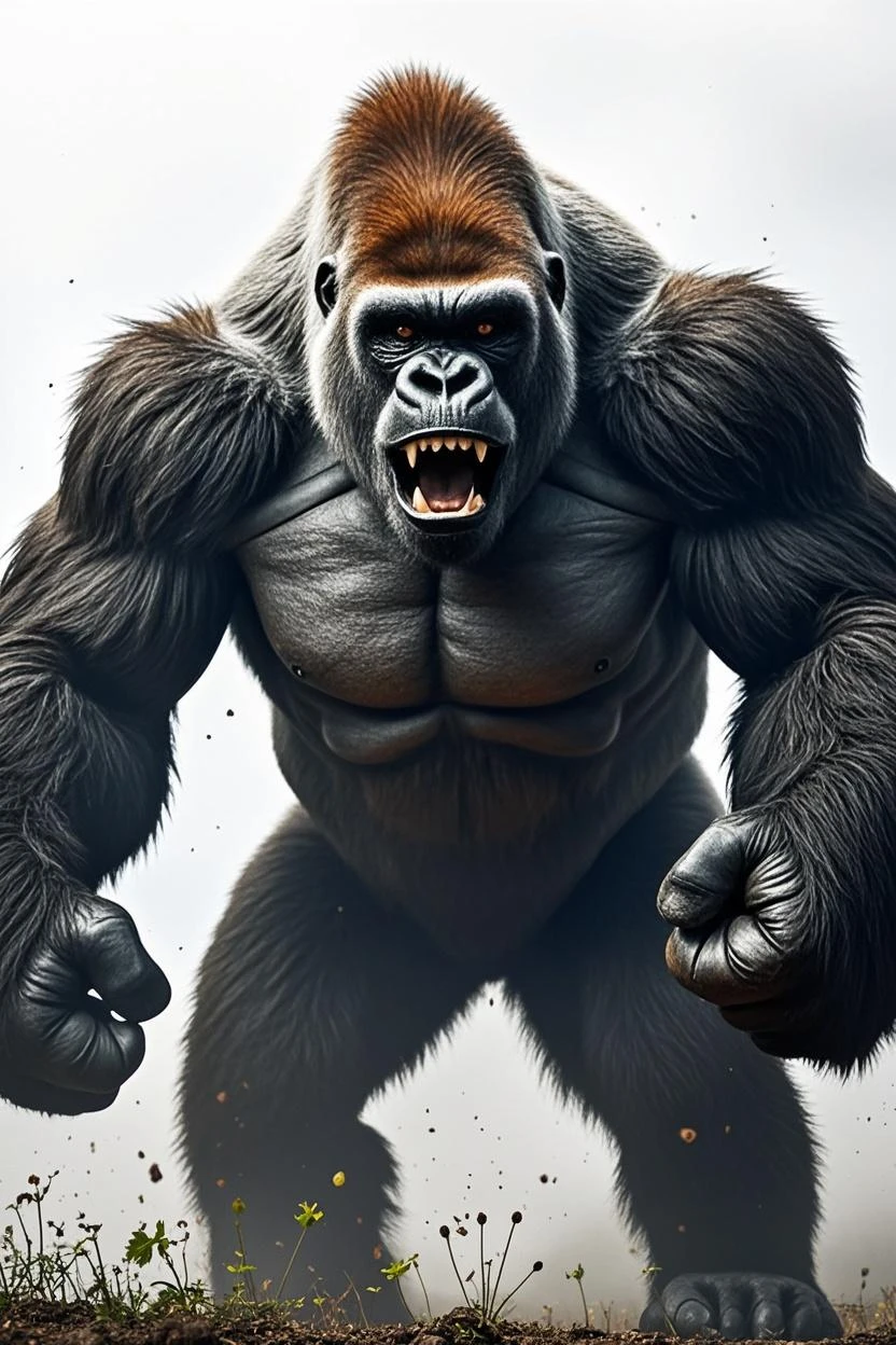 A gigantic silverback gorilla with a broad chest and massive arms. His fur is dark grey, and the muscles under his coat are clearly defined. He wears black boxing gloves, which sit firmly above his huge fists. The gorilla stands in a crouched, but aggressive attitude, as if he was preparing for a powerful blow, his teeth are bared and his eyes focused on his opponent.