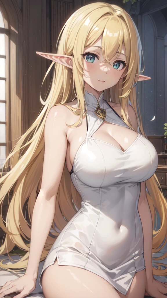 (Upper Body:1.3),medium shot,anime,masterpiece,gravure, 8k,Realistic, Beautiful woman,Elegant mature elven woman, Elf Ears,blue eyes, (Aesthetic Anime Eyes:1.3),large breasts,Blonde Hair, Black bodysuit, smile,Beautiful breasts,8K resolution, High quality CG, Beautiful CG, Soft Light,looking at viewer,(24-years-old),