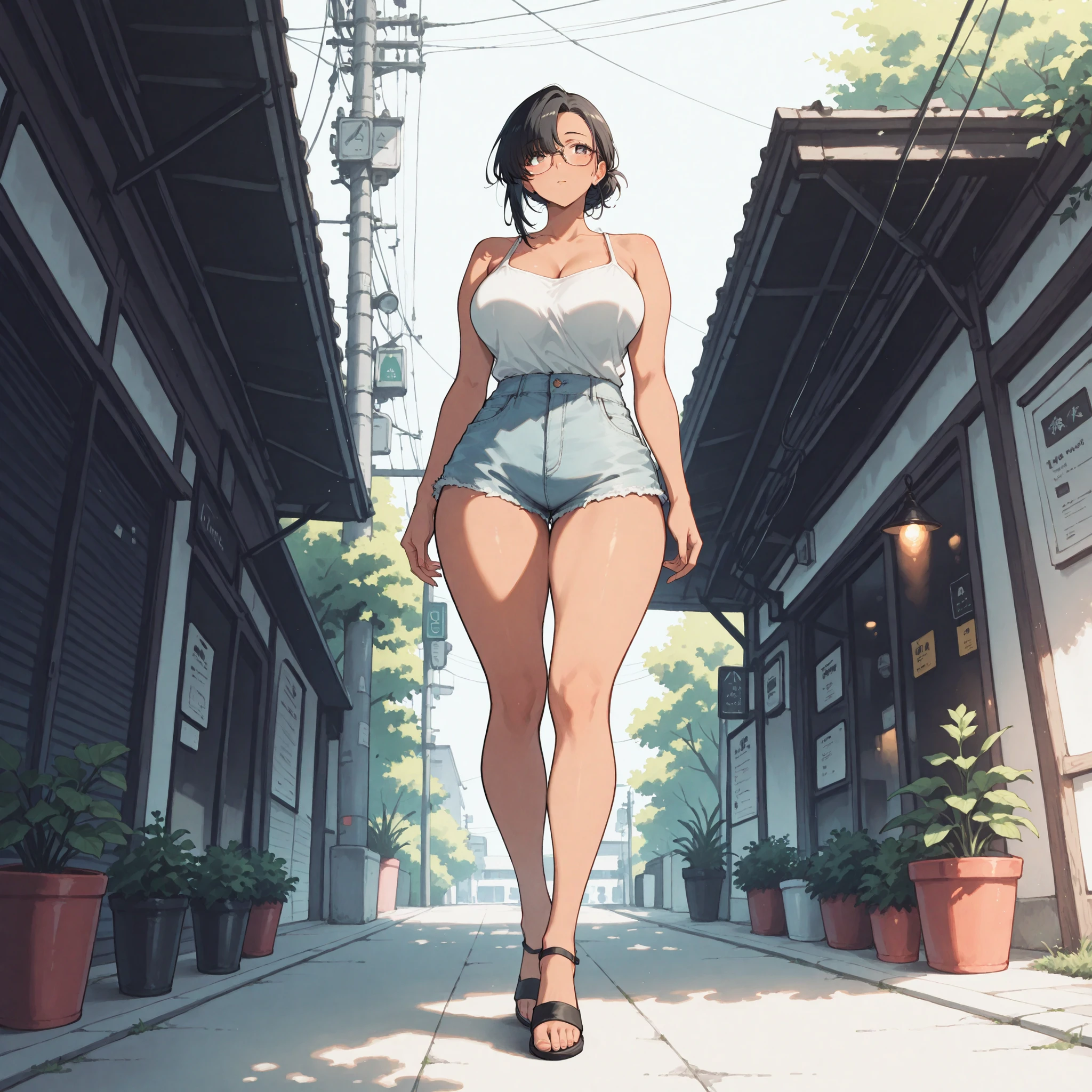 masterpiece,best quality,dynamic angle,fullbody shot,woman,(tareme:0.7),black hair,asymmetrical bangs,tall,(Broad shoulders:1.3),(dark skin:0.9),large breasts,(Thick thighs:0.7),glasses,hot pants,outdoor,dynamic lighting,アニメ風、高精細