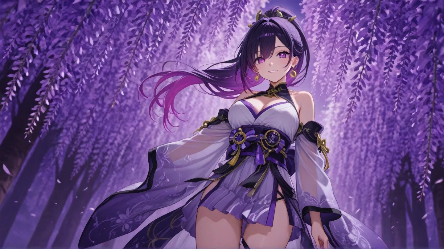 Ultra-realistic 8K CG，tmasterpiece，（（Ultra detailed backgrounds，delicate patterns，Complicated details）），Best quality at best，very vey very detailed face，very detailed eyes and faces，Very detailed eyes，Kochou Shinobu，O cabelo multicolorido，No bangs，hair intakes，Purple eye，haori，butterflys，obi strip，（trpical garden：1.2），purple flower，mostly cloudy sky，rays of sunshine，Tyndall effect，Gradient_sky，the face，beautiful sky，Saber on the waist，captivating posture，（Large breasts:1.3), visible breasts