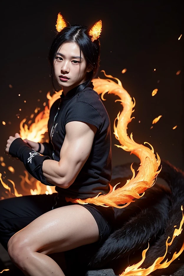 Youngh, with black hair in a samurai bun, honey brown eyes, with tattoos of invocation symbols all over their bodies, like demonic sigils. It is common to walk around with red pants and no shirt and accompanied by a Fire Salamander., with a cover full of sigils.