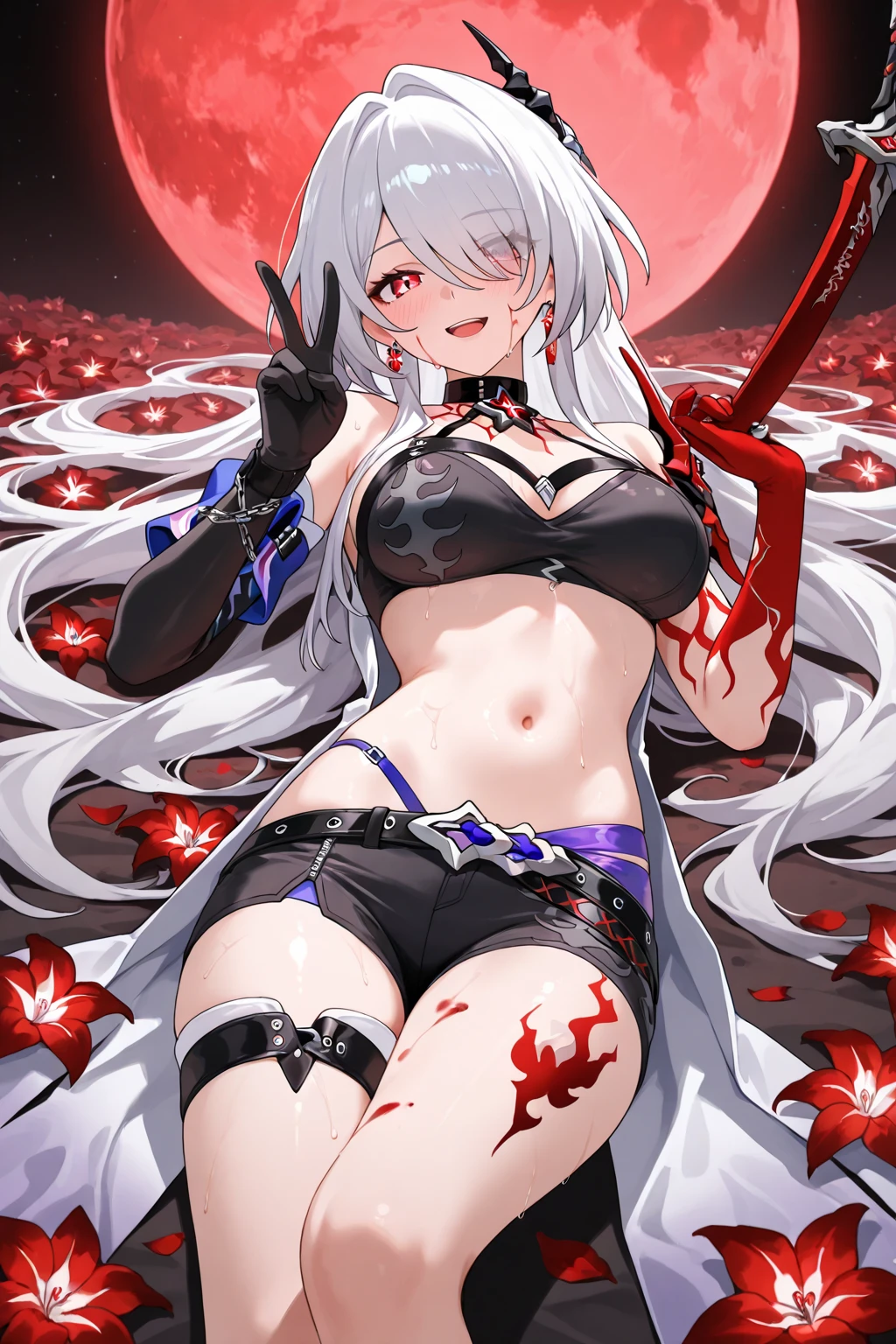 Ein Nacktbild einer Frau. Sie ist alleine auf dem Bild, Sie hat lange dunkelbraune/schwarzes Haar, that reaches to the middle of her back, mit Pony vorne und langen Stirnlocken und braunen Augen. Sie hat eine wohlgeformte, but surprisingly voluptuous figure. She is also one of the lightest-skinned, She wears a black headband with a white shuriken emblem on it. She also wears a long red scarf around her neck, whose ends hang over her back. She wears transparent mesh, under which her medium-sized breasts and hard perfect nipples can be seen, a striking flame tattoo of a blooming red rose, bedeckt den Bereich zwischen ihrer Schulter und dem Elenbogen. She wears shiny metal samurai-style arm guards over her forearms and hands. She wears black Tabi socks and straw sandals with Kôgake armor. Waffe in der Hand