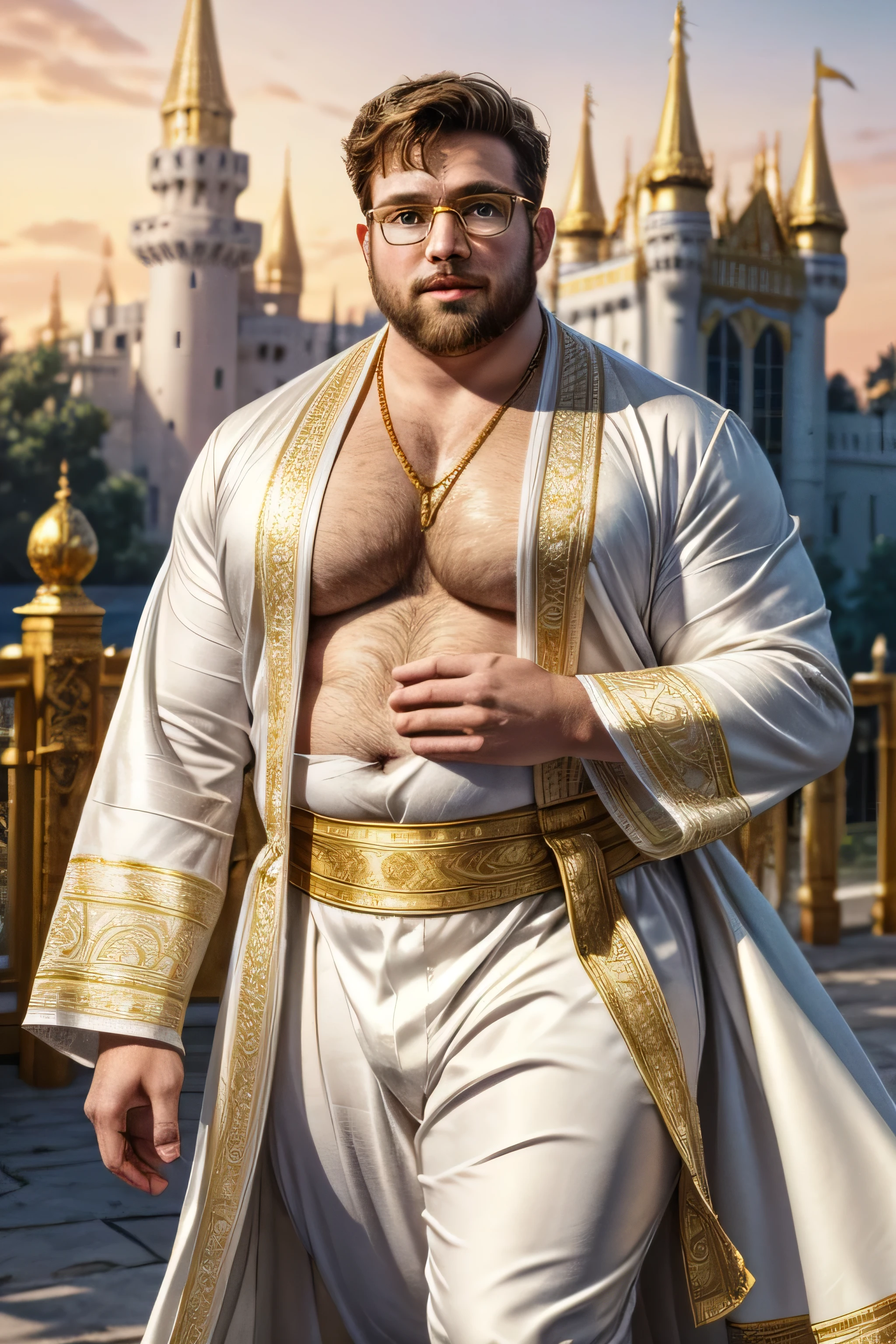 (8k, high definition, masterpiece) Stubbled Caucasian. handsome and chubby musician wearing brown thick glasses. wearing a white royal robe covering his , wearing a golden sash. wearing white silk pants. hyper- masculine. (white, gold, and, blue color palette), outside a golden castle, blurred background, at dawn.