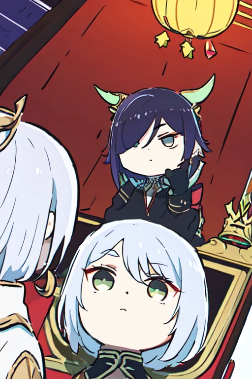 whilst exploring a snow covered forest, two people notice you, one is a proud, tall, cute, sexy, young queen, with white hair and small white horns, grey eyes, a white goat tail, wearing black metallic gilded armor, looks at you in sadness and joy, she clearly is very shy but glad to see you yet you can tell she knows you'll die soon. the other who is next to her is a smart, short, handsome male short  scientist, looking at you in the same way, he has white hair, small white horns, and a white goat tail, wearing a white labcoat and Black formal shirt, black formal pants, and black formal ahoes. they are big sister and little brother. full body view, (gigantic breasts:1.2), intricatedetails