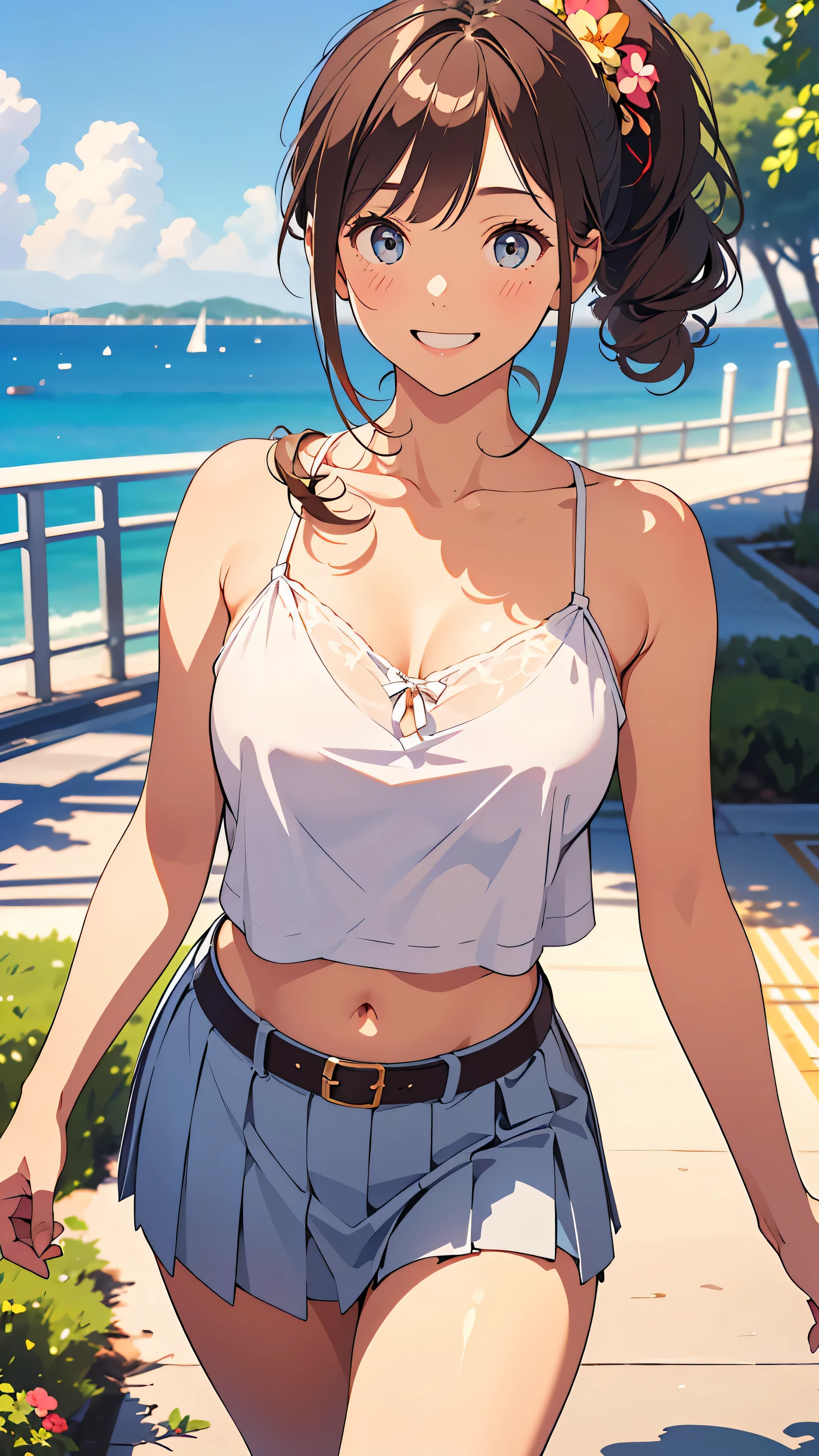 masterpiece, Highest Quality, This is an illustration of a seaside park, ((outlined with very thin lines :1.3)), very accurate, fine sections , high definition, 8k Wallpaper, SLR camera , perfect dynamic configuration, detailed expressions , beautiful eyes on my stomach、Down to the smallest detail, cheek gloss highlights, model body type, biologically accurate limbs , showing the details of a beautiful face, (radiant white skin, natural feel , Natural Skin Radiance), natural light, (beautiful and shiny hair, smooth hair, brown hair, Thinning hair), (28-year-old woman, cute, Japanese adult woman), (Big Natural :1.6), (Big, crisp breasts , Round Breasts), thin waist,(Random Color, Camisole blouse, very girly, race調), cuteカーディガン, (Random Color, race, random skirt),Skirt Blown in the Wind,( thin leather belt ), (long hair, shiny hair, up ponytail, curl, Disheveled Hair), sexy pose, Boob Tent:1.2, ((smile, awkward expression:1.3)), Face Focus, walk, dance, On a date, fun and exciting , Dynamic Composition, Seaside Park,Strolling through a seaside park, You can see a sailboat in the distance, Picture of a flower bed with very small flowers blooming, cowboy shot,from front,
