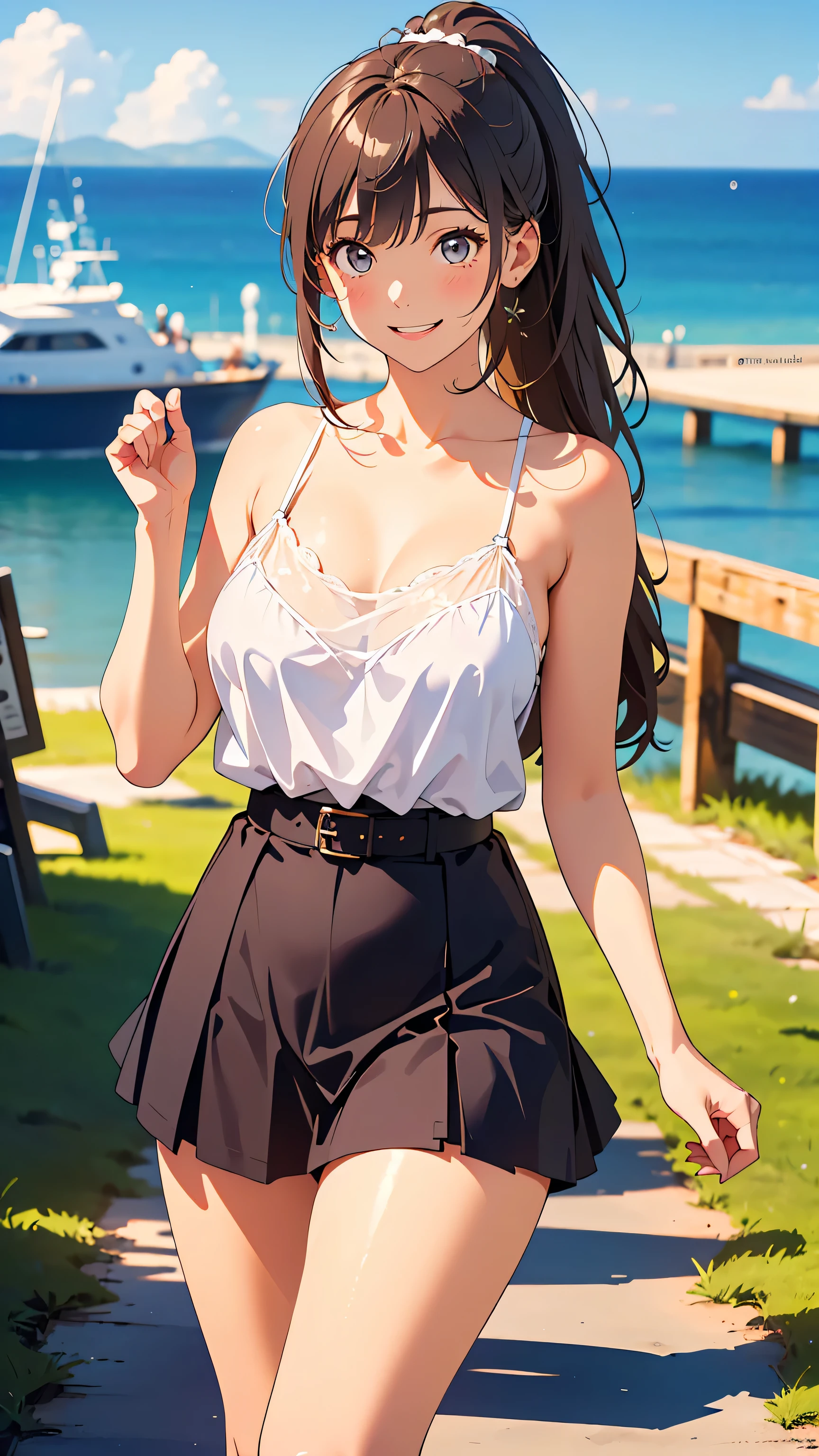 masterpiece, Highest Quality, This is an illustration of a seaside park, ((outlined with very thin lines :1.3)), very accurate,  fine sections  , high definition,  8k Wallpaper,   SLR camera   , perfect dynamic configuration,   detailed expressions   , beautiful eyes on my stomach、Down to the smallest detail, cheek gloss highlights, model body type,  biologically accurate limbs , showing the details of a beautiful face, (radiant white skin,  natural feel , Natural Skin Radiance), natural light, (beautiful and shiny hair, smooth hair, brown hair, Thinning hair), (28-year-old woman, cute, Japanese adult woman), (Big Natural :1.6), (Big, crisp breasts  , Round Breasts), thin waist,(Random Color, Camisole blouse,  very girly, race調), cuteカーディガン, (Random Color, race, random skirt),Skirt Blown in the Wind,( thin leather belt ), (long hair, shiny hair, up ponytail, curl, Disheveled Hair),   sexy pose, Boob Tent:1.2, ((smile, awkward expression:1.3)), Face Focus, walk,  dance, On a date,   fun and exciting , Dynamic Composition, Seaside Park,Strolling through a seaside park, You can see a sailboat in the distance, Picture of a flower bed with very small flowers blooming, cowboy shot,from front,