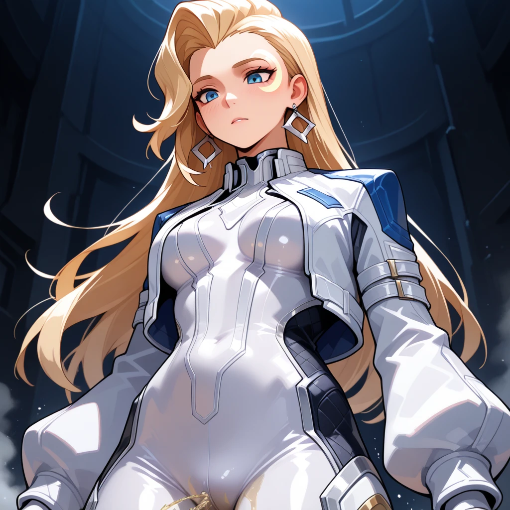 best quality, 1girl adult, slim hips, pale skin, blond hair, medium hair, straight hair, light blue eyes, extra big overflowing breasts, futuristic armor