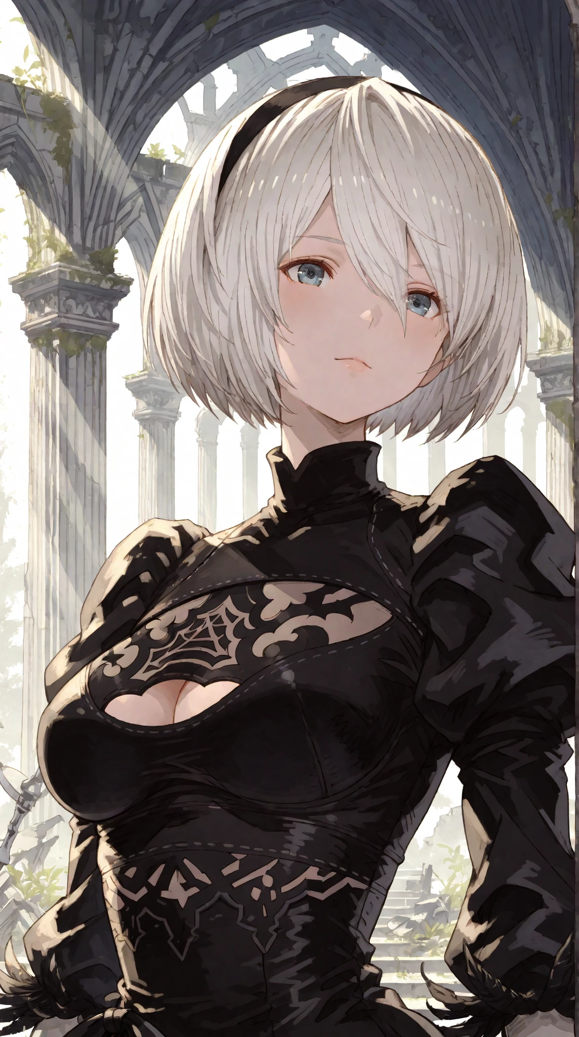<lora:2bNierAutomataLora_v2b:0.45>

yorha no. 2 type b, 1girl, perfect feminine face, breasts, cleavage, cleavage cutout, clothing cutout, white gloves, hair between eyes, hairband, highres, juliet sleeves, long sleeves, mole under mouth, nier (series), nier automata, oni gini, puffy sleeves, red lips, shaded face, short hair, solo, turtleneck, upper body, white hair, detailed background, ruins, destroyed buildings, epic, action pose, black dress, cinematic light

 <lora:hikichiSakuyaStyle_hksakuya:0.9> sakuya