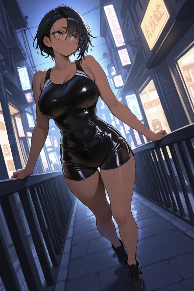 Evelyn,short brown hair, makeup, full body, eyes half open, looking at viewer, black dress with white vertical stripes, white trim, collarbone, leaning forward, cleavage,
tipsy,
in tall building, skyscraper, window, stars, nighttime,
(insanely detailed, beautiful detailed face, masterpiece, best quality) cinematic lighting,, thicc curves voluptuous
