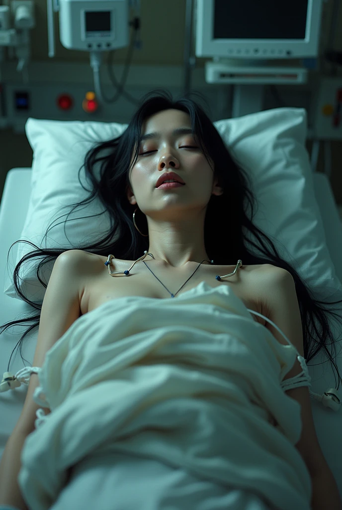 Japanese　Beautiful woman over 40　Big Breasts　Slightly chubby　The woman is on the operating table.　Fainting　close your eyes　Both arms are lying by the side of the body　She was lying down without a bra, just wearing tiny white thong panties.　The woman is bound and secured to the operating table with ropes around her body, wrists, and ankles.　Tentacles are coming to attack the woman.