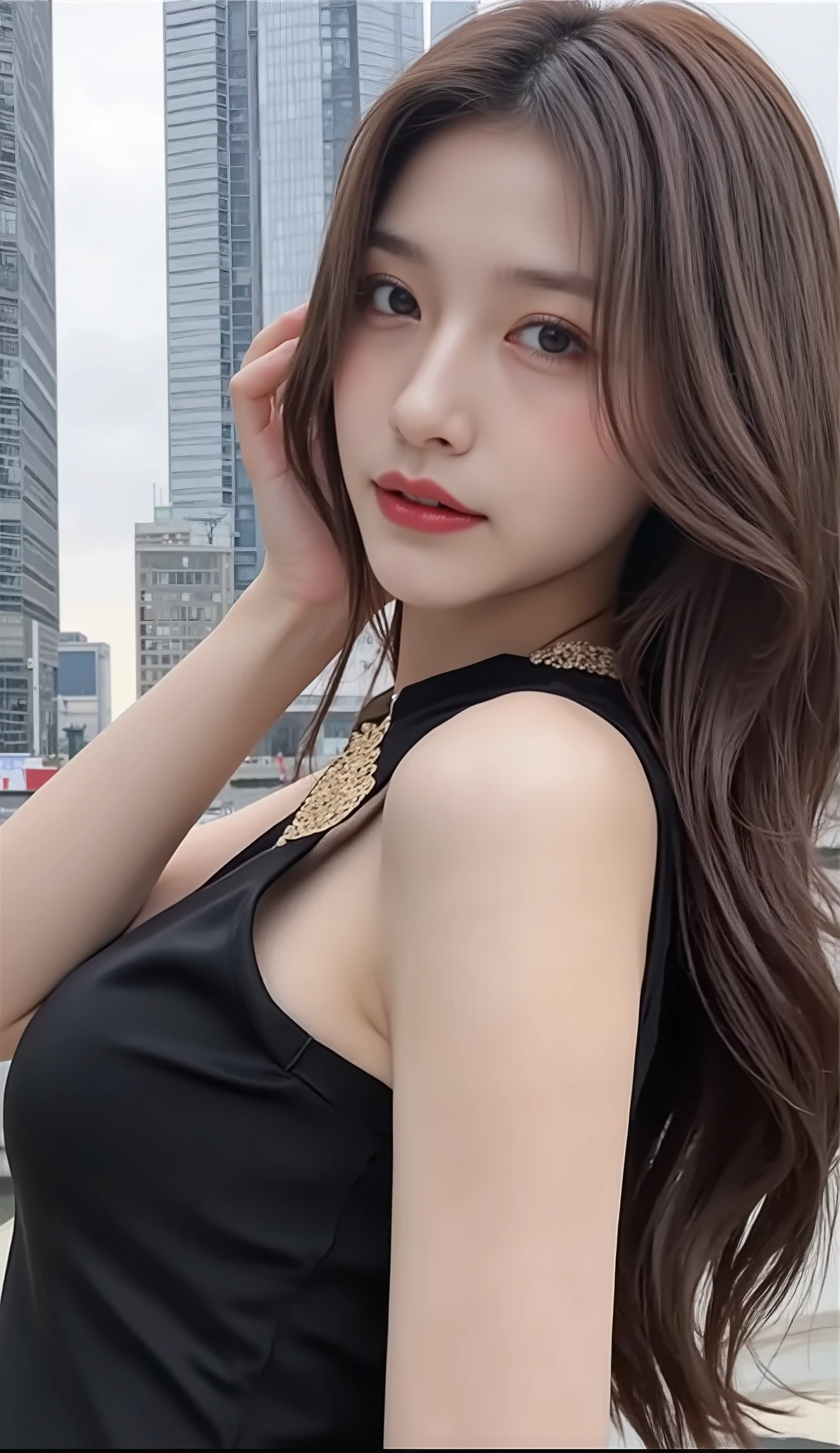 ((depicts a young Korean pop idol girl。),(full body shot with mahiru),((Manhattan skyscraper district in New York)),(walk),((Prada mini dress)),(smile),(beautiful Korean idol makeup,beautiful lips,dark eyeshadow,long lashes),shiny skin staring at the camera, Show view , beautiful hair, Pure Eyes , (attractive design of each hair,beautiful hair with point colors),(8k, Highest Quality , masterpiece:1.2, very detailed on trends),( is anatomically correct,  Ultra Detailed Skin ,Refers to 5 books )