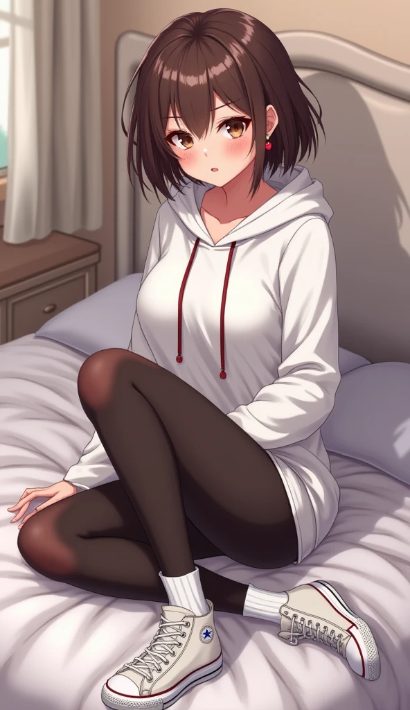 ((masterpiece,best quality anime,Highest quality:1.3)),realistic,before sex,cowboy shot,1woman,(30 year old beauty),((very small head:1.4)),((very long body:1.4)),(short bob hair),black hair,(gorgeous big eyes),black eyes,shy,((slender body:1.4,skinny:1.3)),medium breasts,((gray hooded sweatshirt,White panties),oily skin,gleaming skin,shiny skin,sitting,leg up,Simple bed、Simple bedroom、Old hotel、New York City、