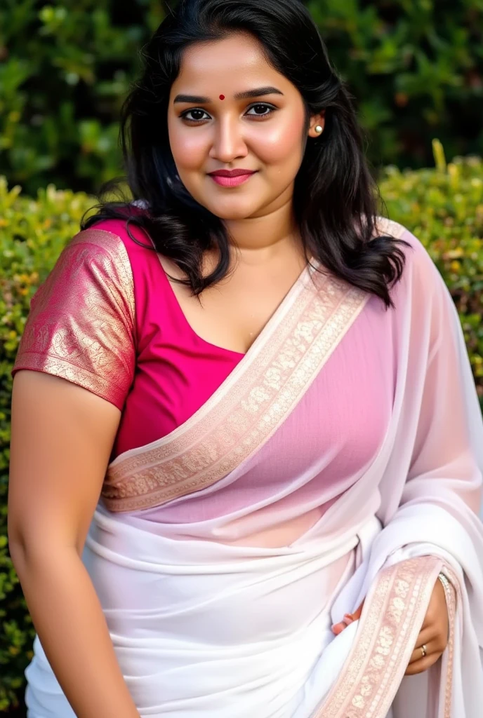 arafed woman in a pink sari, looks like Sandeepa Dhar, thick figure, curvy, traditional beauty, hindu aesthetic, assamese aesthetic, traditional makeup, indian goddess, indian girl with brown skin, wearing bihu dress mekhela sador, indian style, indian, gorgeous woman, south east asian with round face, a stunning portrait of a goddess, beautiful himalayan woman, beautymarks,