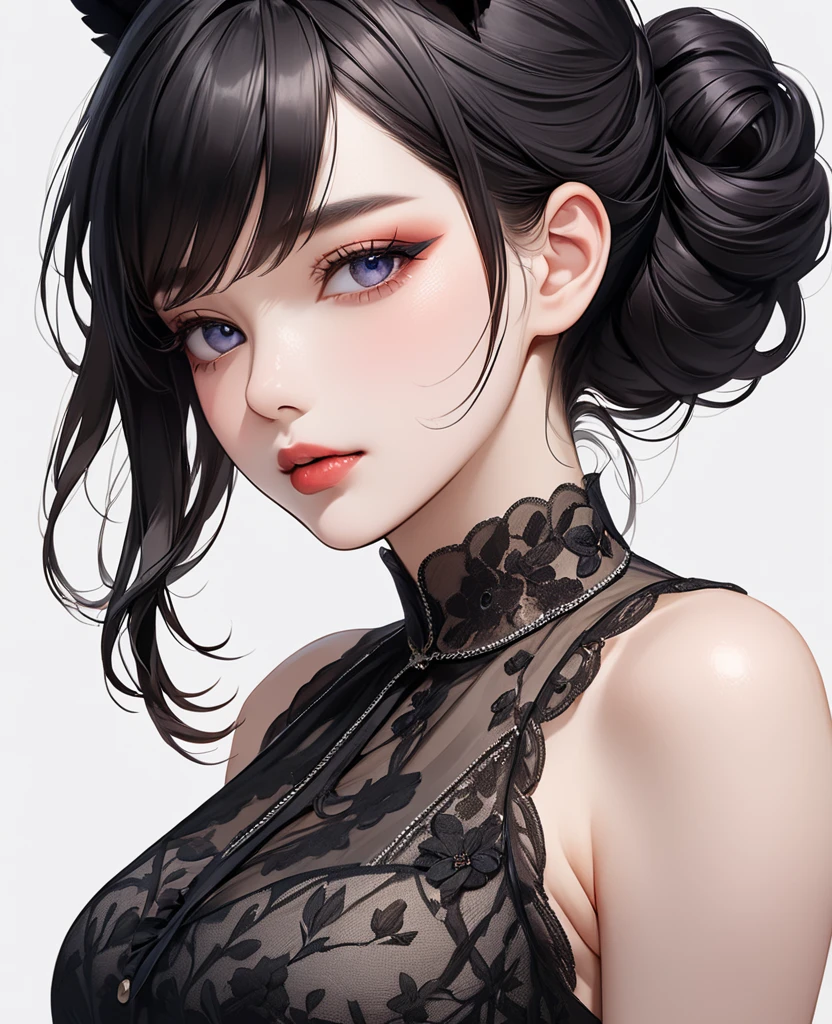 beautiful, Perfect body proportions,( (((Large Breasts、Breast sagging、Low-cut，Cleavage ，Wide hips,)))((Long legs)),Hourglass figure))),  Beautiful curves, plump, Slim, Black lace cheongsam with gold trim, High Ponytail, Reality
