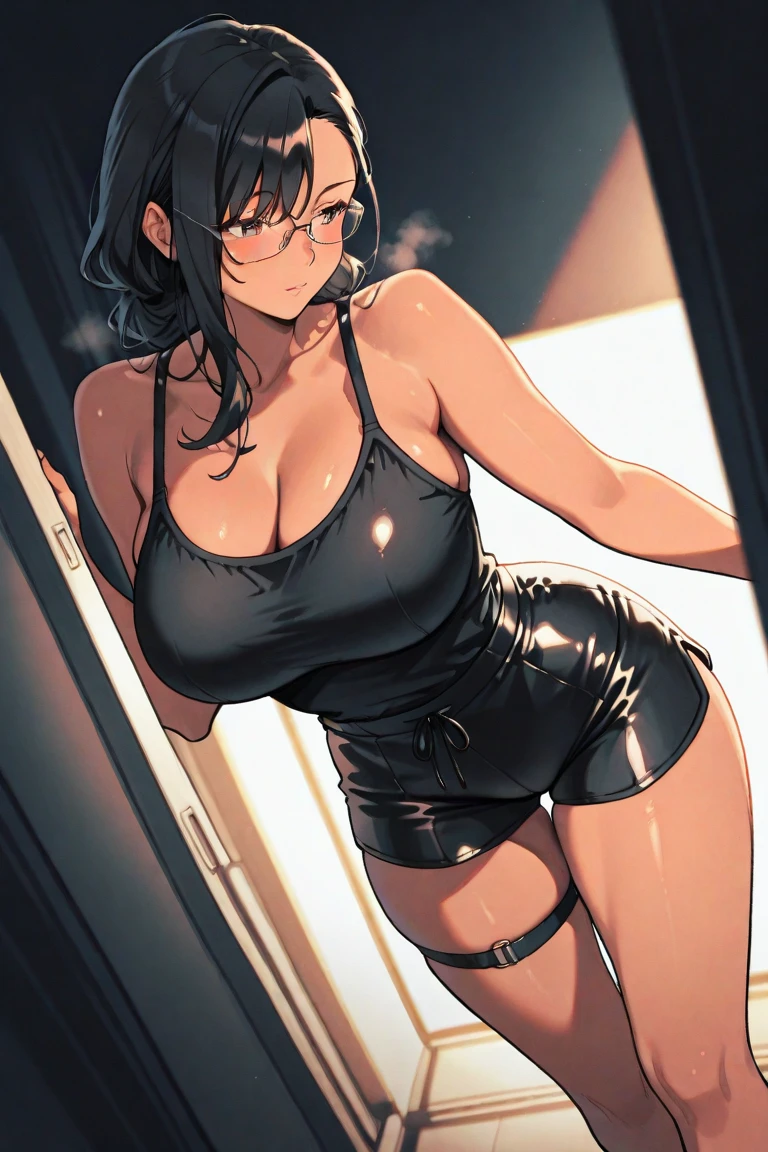 masterpiece, best quality, best lighting, shadows, portrait, perfect anatomy, bitchy, 1 girl, adult anime girl, 21 years old, 1 girl, (Slim body:1.2), (Huge breasts:1.1), Black hair, Short hair, Black eyes, Competitive swimsuit, Red-rimmed glasses, Angle from below, embarrassed, seductive eyes, blushing, flirty, pretty smile, huge ass, breast, thighs, seductive, spicy, hot, flirty, nsfw,