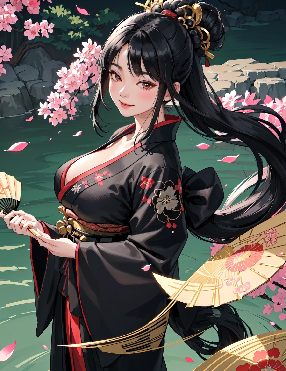 1beautiful middle age woman, solo,long hair,ahoge, black hair, hair ornament, holding, massive upper body, huge huge huge chest,flower, japanese clothes, hair flower, wide sleeves kimono, black eyes, floral print,blue cherry blossoms,look back,music,playing electric guitar,sing, black kimono,japanese ukiyoe digital anime art background,heian era,golden age,