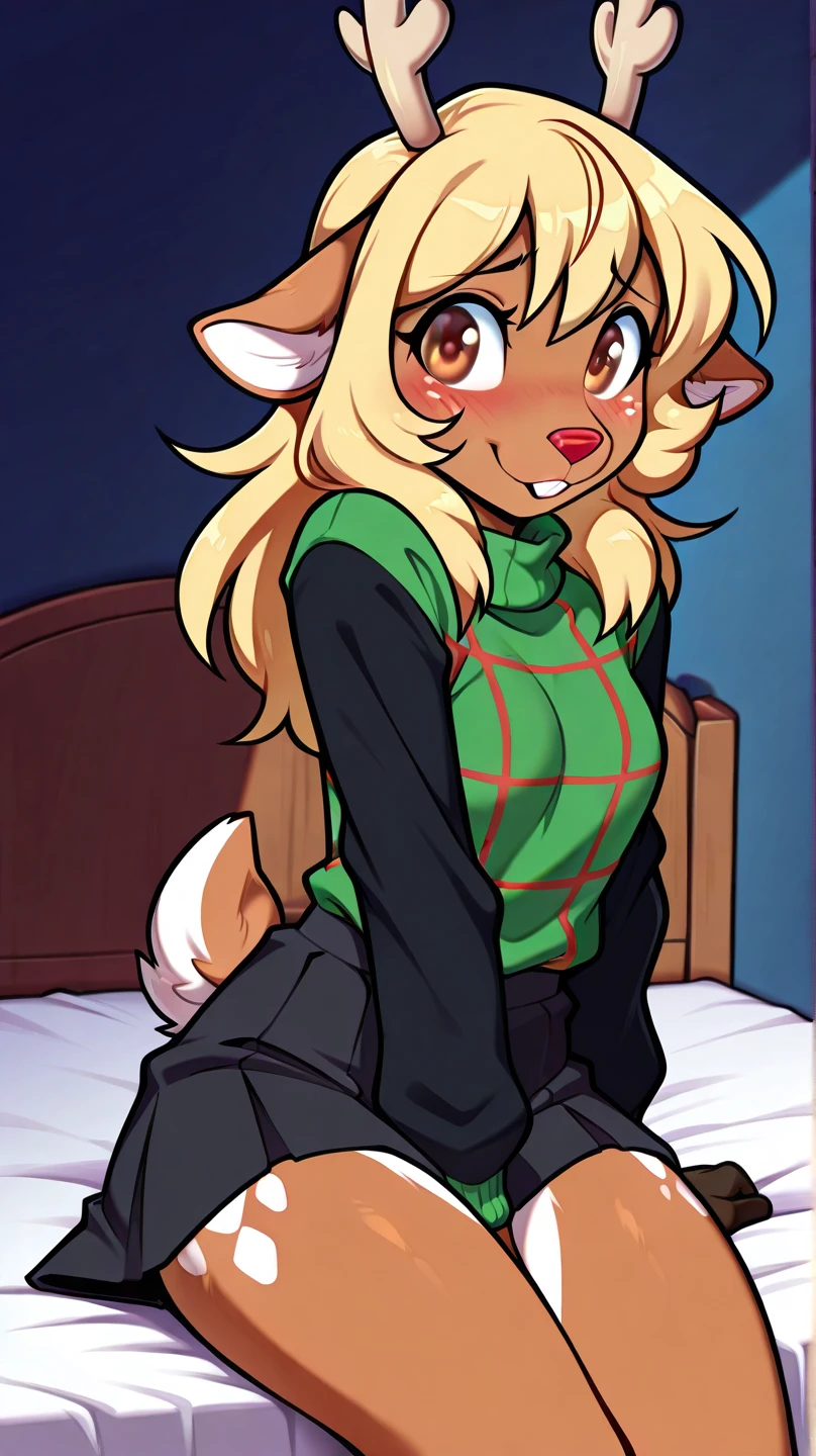 Nervous smiling, uploaded the e621, beautiful and detailed, woman (((female))) ((anthro)) Fox, (Averi, Fox girl), by waspsalad, by phluks, by zero-sum, cinematic lighting, Fox, (anthro, fluffy fur, character focus:1.1), 1girl, anthro fox girl, body fur, curvy, sexy, nice, cute, hot, comfortable anime-style cartoon-style, digital drawing, collar, laying on bed, spread legs, hands on face, (half-closed eyes), green eyes, green sweater, green panties (striped panties) pussy