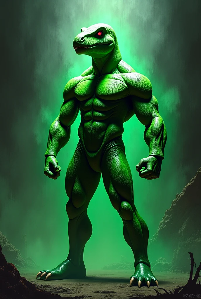 A sexy male alien standing nude in a spaceship corridor clutching a space blaster.