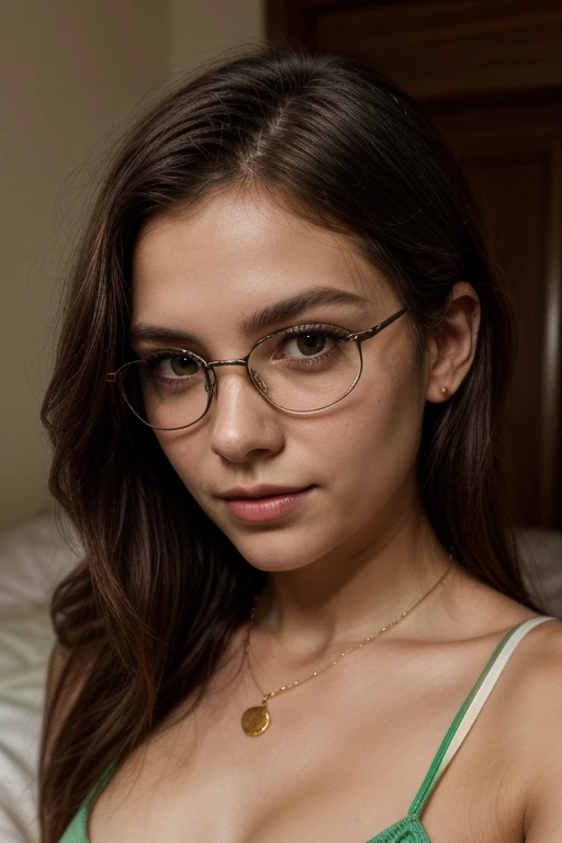 masterpiece, best quality, realistic, highly detailed, 2girl, duo , (body shot), poker face,  glasses, large breast, ( Lying in bed, Lips pierced, ((full tatto on neck)), beautiful girl, A tomboy face,  bedroom background, detail eyes, detail hair, perfect lighting, wearing tight mini sexy Minimalist bedtime dresses , , Lesbians in love, passionate, long wavy brunette hair, sensual satisfied expressions look