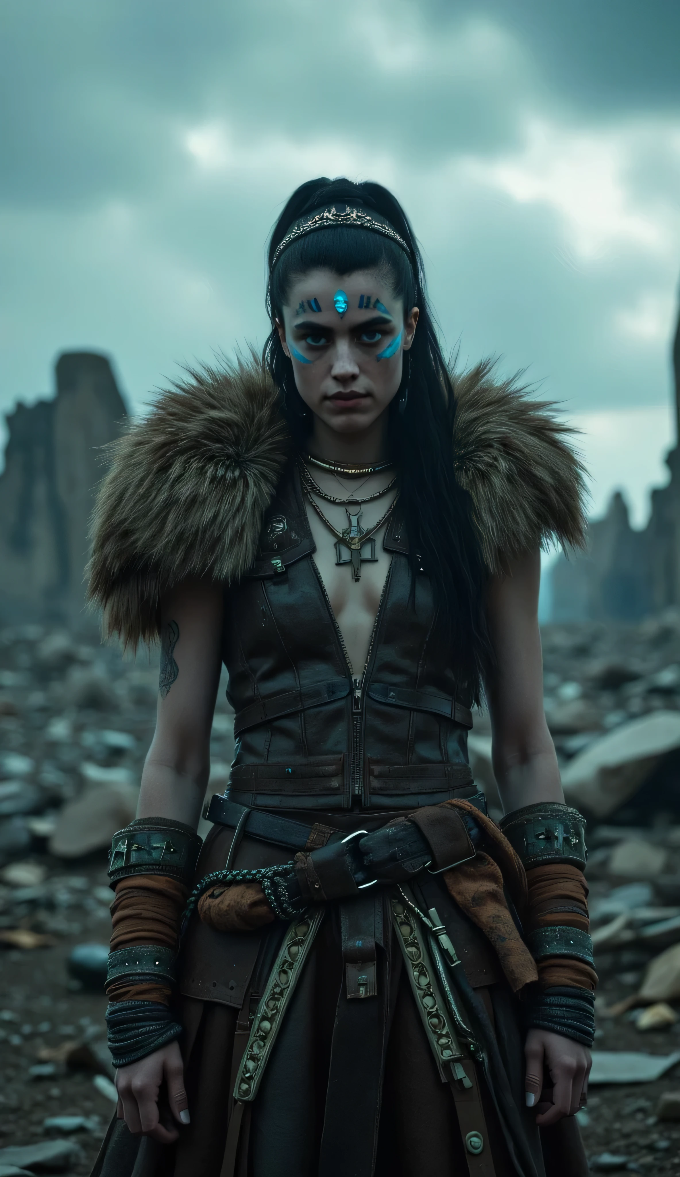 Margaret Qualley as Senua, Hellblade, fierce and determined warrior, standing, post-apocalyptic battlefield, dramatic stormy sky, rugged leather outfit, fur around shoulders, intricate tribal patterns engraved into the chest, various leather straps and belts, face is painted with blue warpaint, intense and haunted expression, crown-like headband with a glowing blue gem rests on forehead, muscular arms, wrapped in cloth and leather bindings, bearing tribal tattoos, broken structures and ruins, dark and desolate atmosphere, cinematic composition, ultra-realistic 3D rendering, inspired by Norse mythology, dark fantasy aesthetics