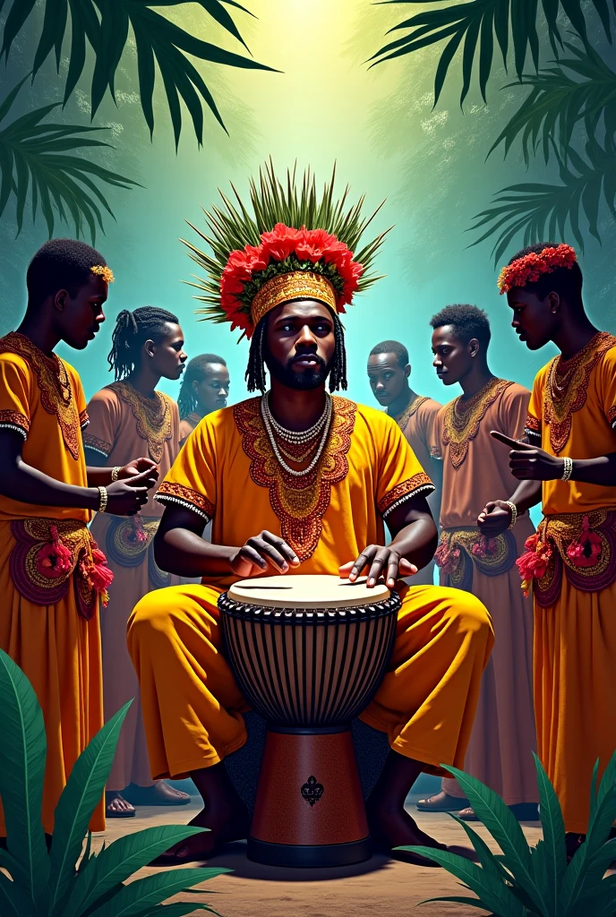  African king sitting on the couch with young sexy ladies wearing bra and bam shorts drinking alcohol, digital illustration
