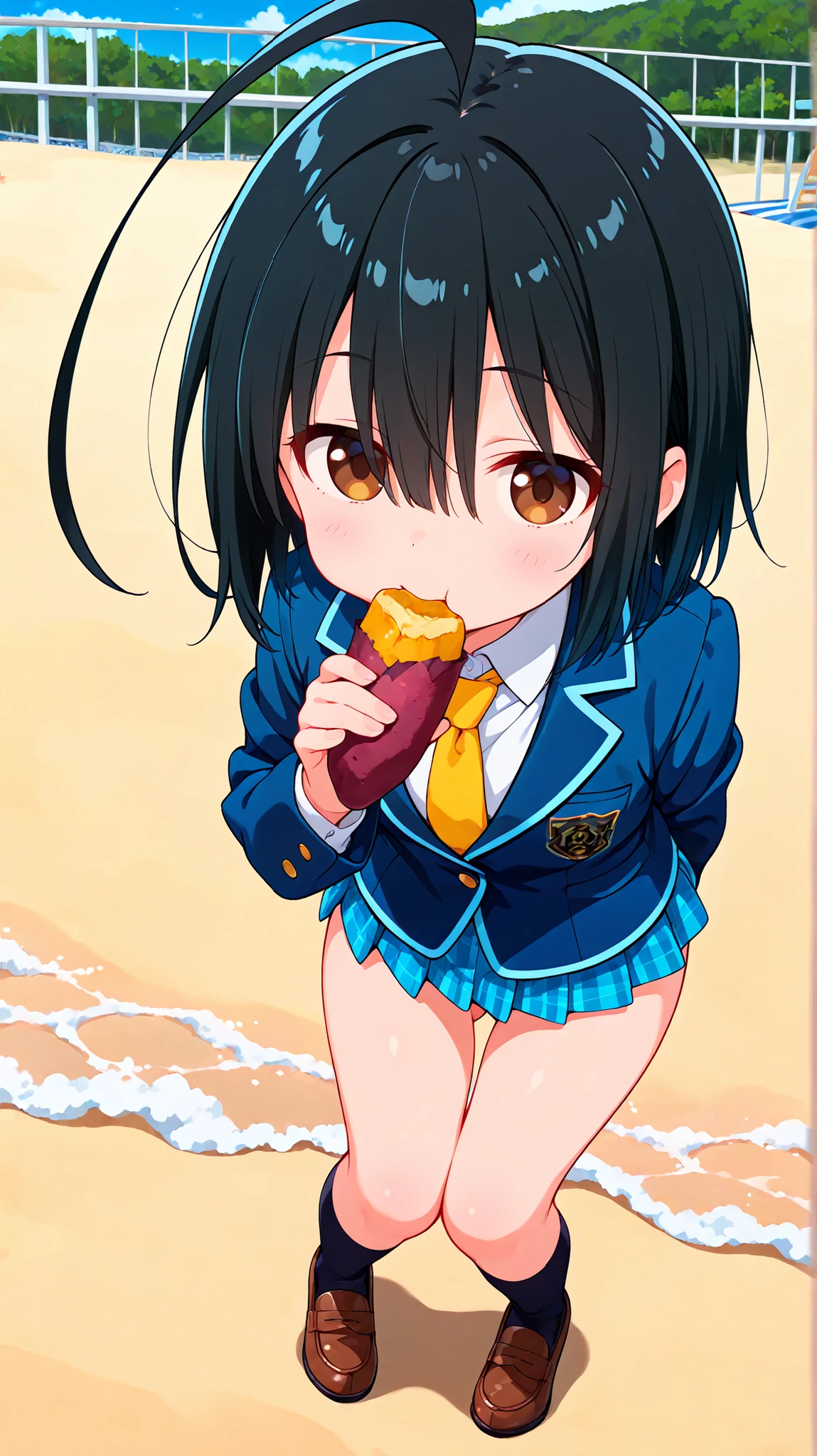 nsfw,((anime style)),score_9, score_8_up, score_7_up,masterpiece, best quality,ultra detail,(((beach))),huge ahoge, negishi masako , 1girl , ((((solo)))),short hair,black hair ,long bangs,brown eyes,(Flat Chest),school uniform,(((blue blazer))),light blue checkered Pleated mini skirt,((((((mini skirt)))))), Yellow necktie,standing,brown loafers,(((black sox))),((ass visible through thighs)),(A glimpse of her thin thighs) ,(((elegant))),((looking at viewers)),Eating sweet potato,whole body,((knees together feet apart))