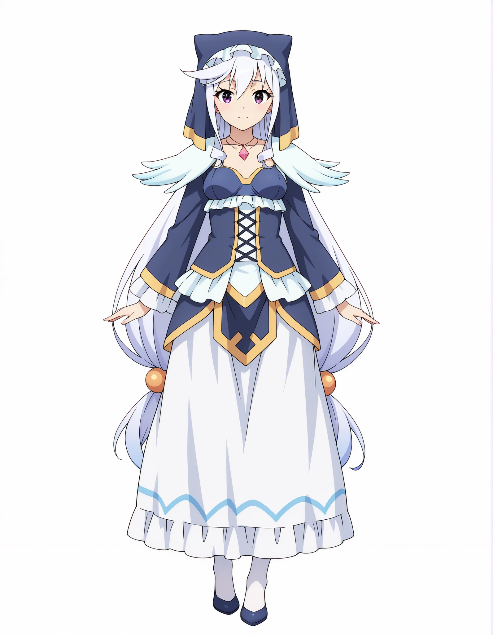 (highly detailed), masterpiece, best quality, amazing quality, simple background, white background, standing, looking at viewer,, Eris-Chris-Liver020, Eris-Liver020, Liver020, 1girl, long hair, very long hair, low-tied long hair, twintails, white hair, purple eyes, jewelry, necklace, hair ornament, dress, long sleeves, medium breasts, collarbone, veil, hood, cape, cloak, blue habit, habit, nun, white stockings, white skirt, white long skirt, medium breasts, blue sleeves, ornaments, blue shoes, frills, hat, nun attire, white shoulder pads, white and blue hagoromo dress, blue coif, blue shirt, blue bra, 
