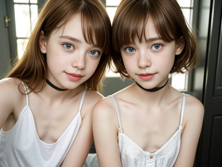 1 boy in anime style "Bungou stray dogs" heterochromatic eyes, one blue and one brown, perfect lighting, brown hair with baby pink bangs, wearing a white ruffled dress and mary jane shoes.