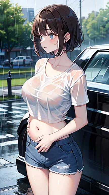 ピンクの髪、ショートヘアの女の子, stylish girl, fashion,
young face, Embarrassed face,
 earrings,
 baggy cargo pants,
gravure,
Rainy streets、濡れた T-shirt、Big Breasts Emphasize cleavage、Trained abdominal muscles、Erect nipples、濡れた髪、濡れた体