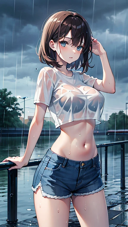 Angry girl, chubby, short black hair, walking towards camera, tube top, underboob, soaking wet, white shirt, wet shirt