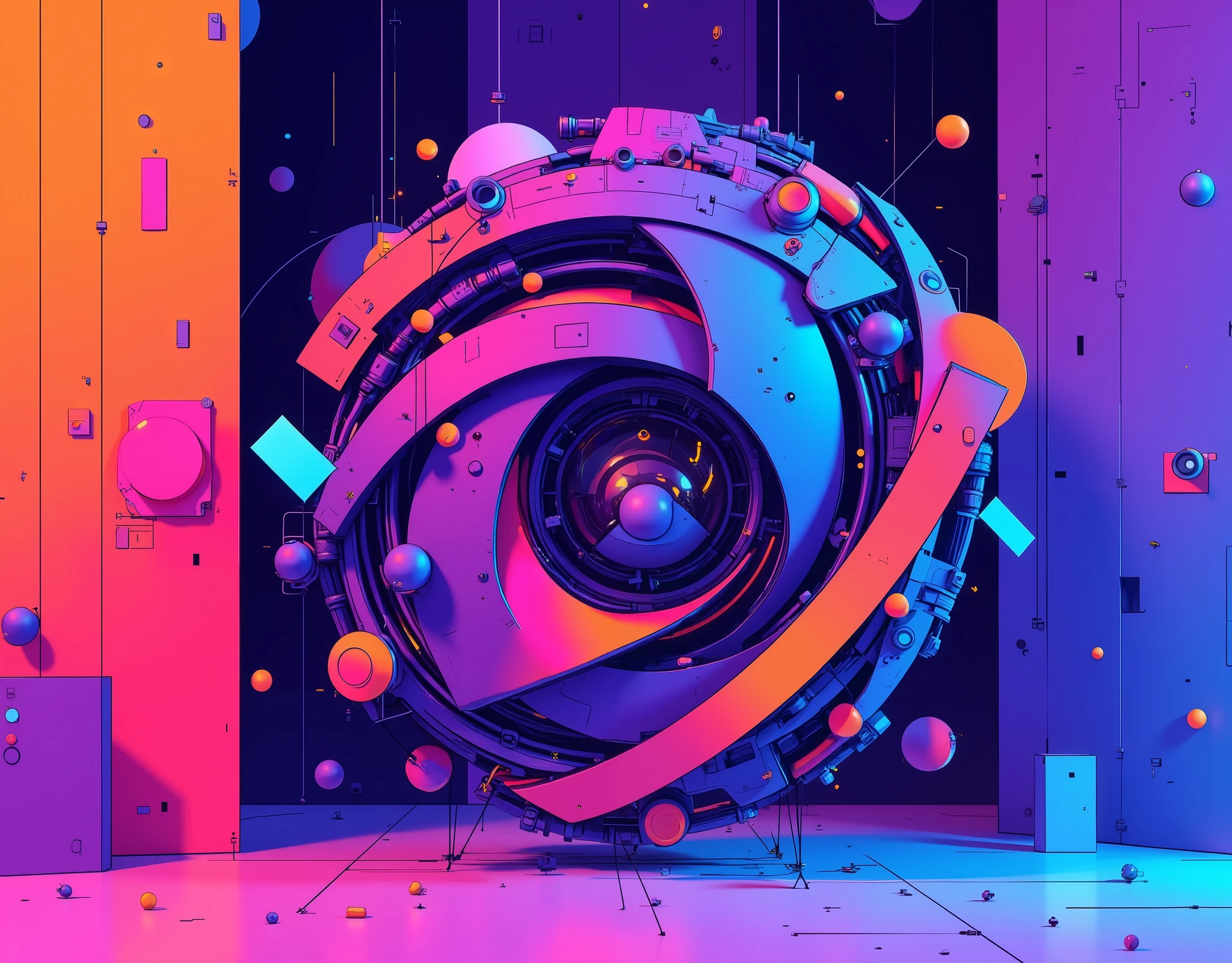 An abstract, memorable, unique and striking logo for a Graphic design channel about creativity and design. Use a combination of purple, pink, orange and blue colors. Include abstract shapes and dynamic lines that symbolize creativity and technological advancement. The channel name is "AD Graphics". --style flat design --style minimalist --ar 1:1 use neon colors